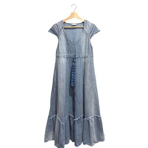 Miss Love Light Wash Denim Maxi Dress V-Neck Boho Size S